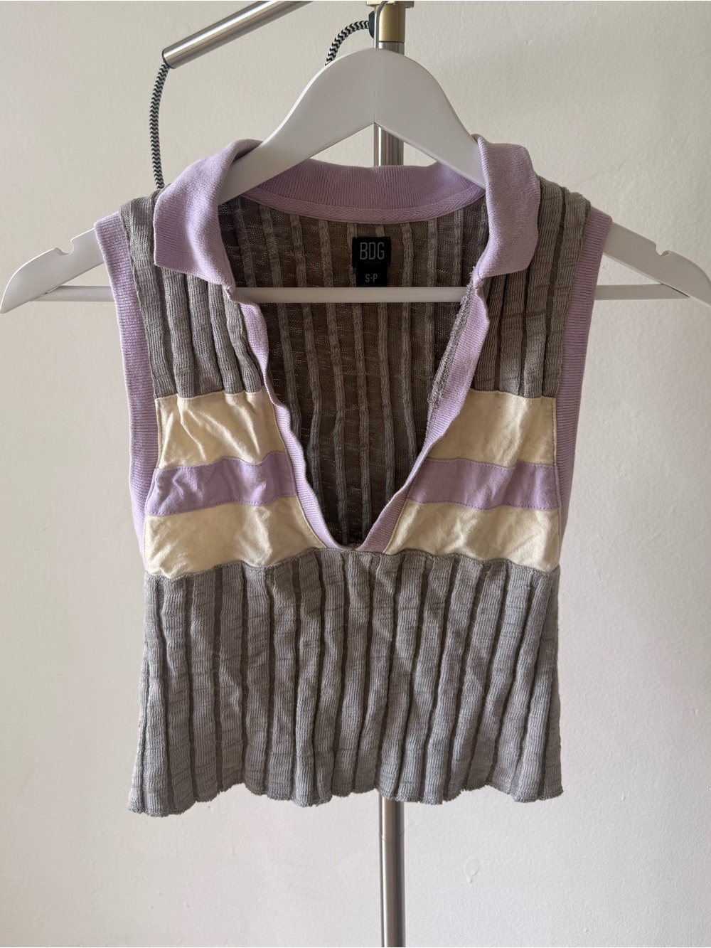 BDG Gray Ribbed Polo Crop Top with Lavender & Cream Stripes